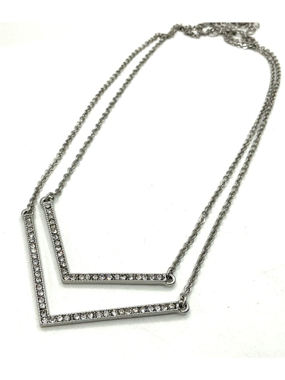 Double Chevron Silver-Tone Rhinestone Pendant Necklace With Adjustable Chain
